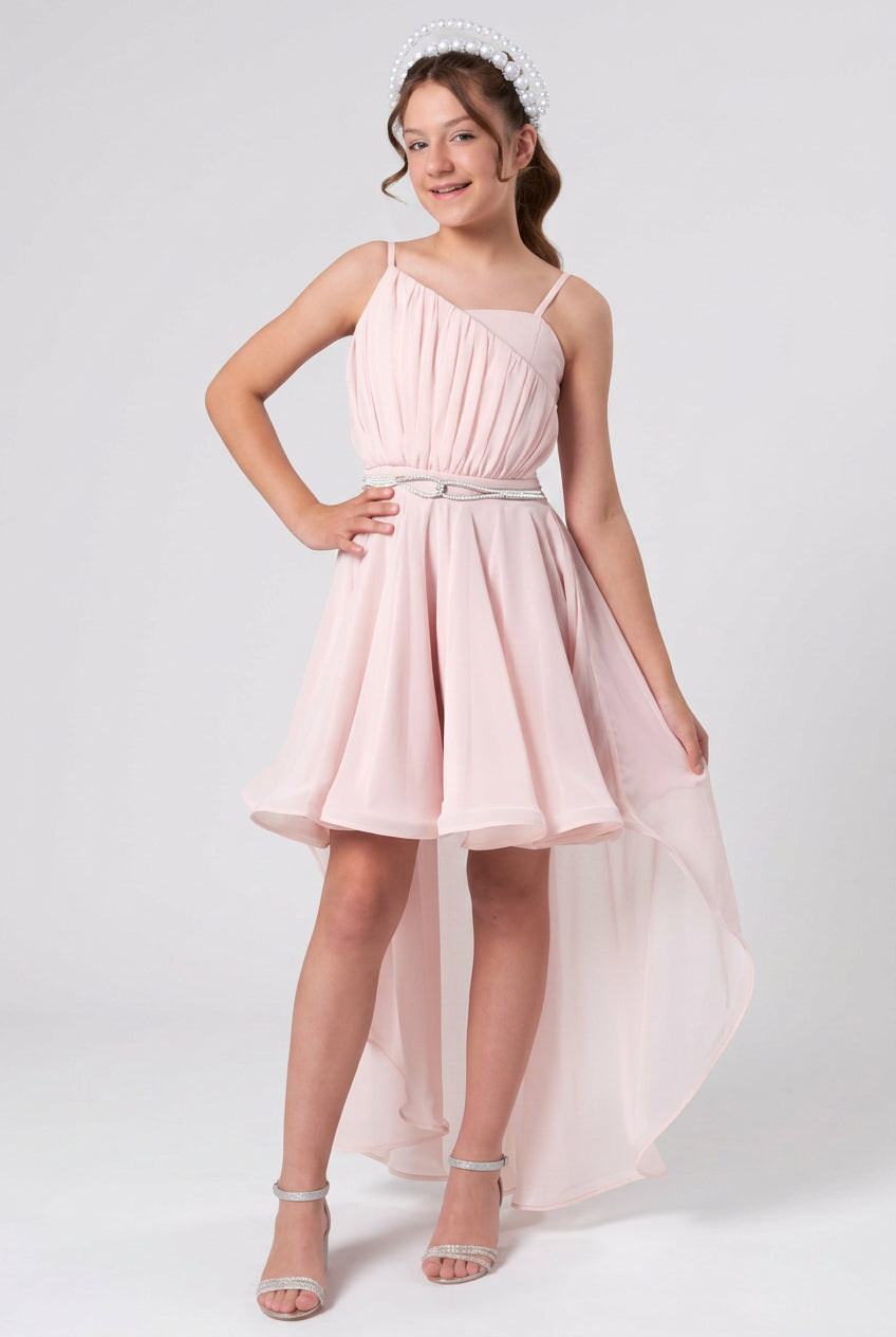Girls High-Low Chiffon Dress with Crystal Belt - Pink
