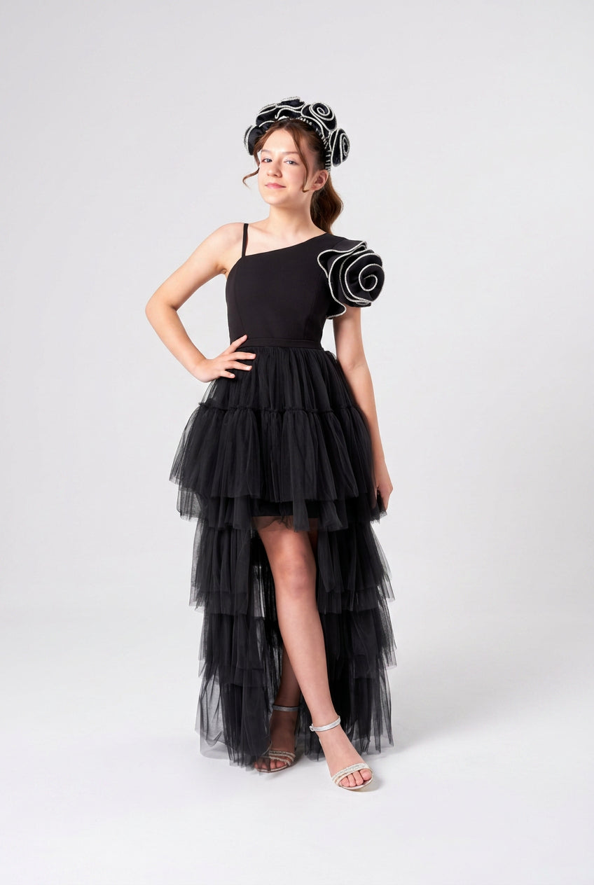 Girls High-Low Tulle Dress with Rosette Detail - Black