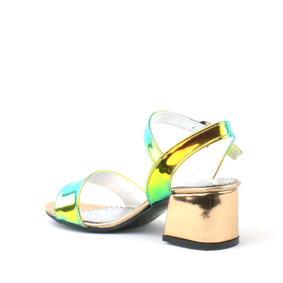 Girls Holographic Metallic Block Heel Sandals with Ankle Strap - Pony - Gold - Green