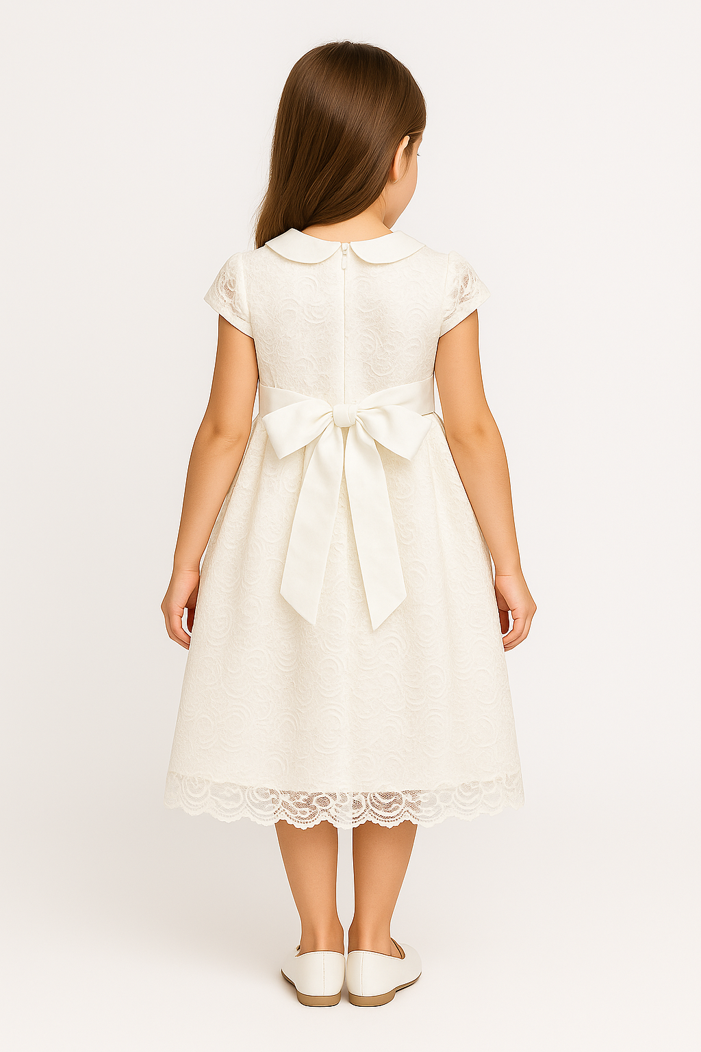 Girls Ivory Floral Lace Dress with Peter Pan Collar Back Picture