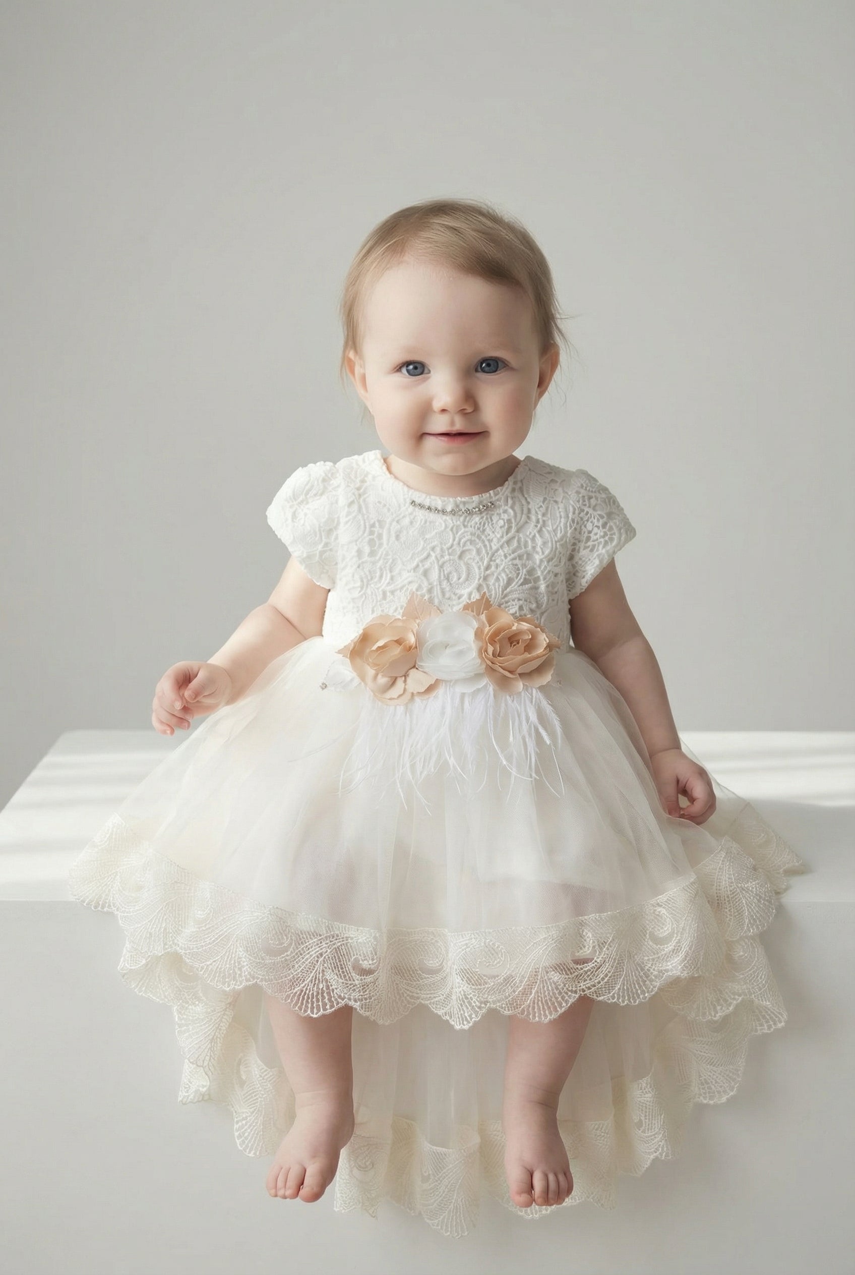 Girls Ivory Lace High-Low Tulle Dress Baby Front Picture