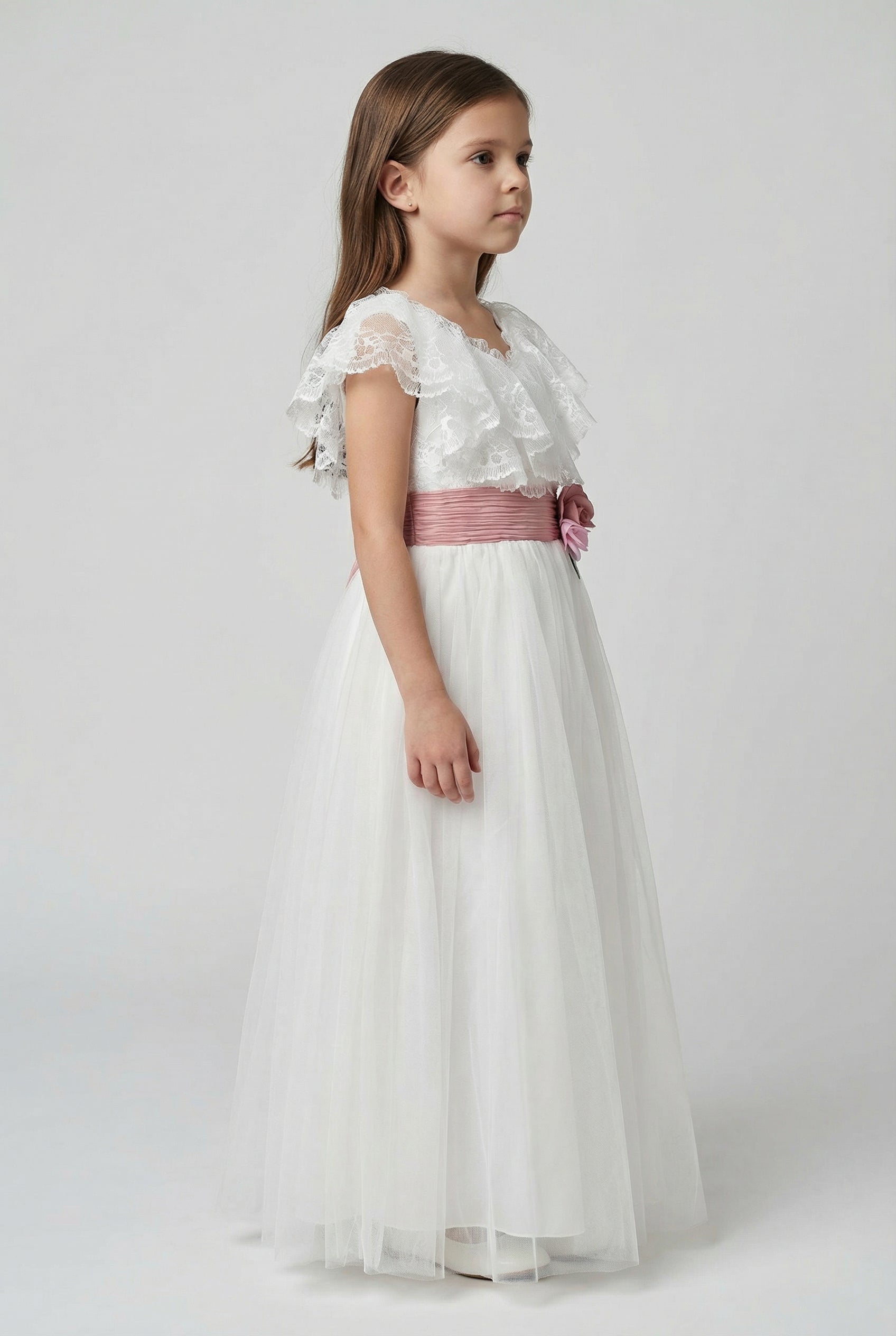 Girls Ivory Lace & Tulle Dress Side Picture
