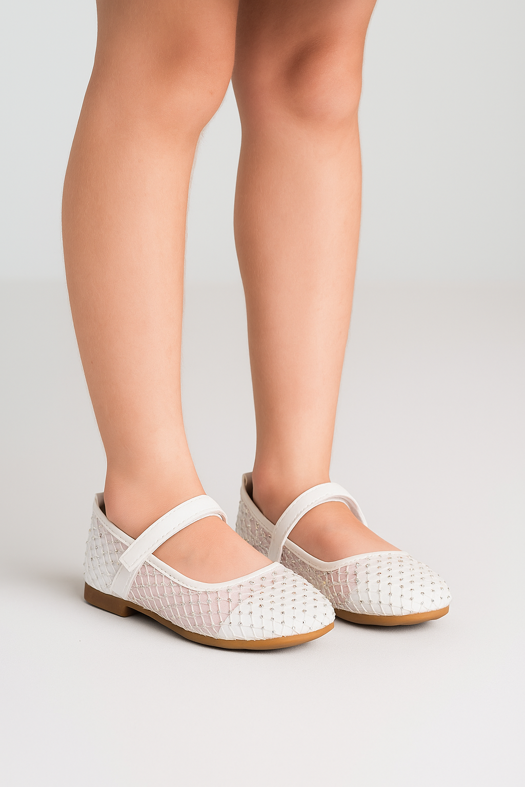 Girls Ivory Mesh Mary Jane Ballerina Flats - FREYA Model Picture