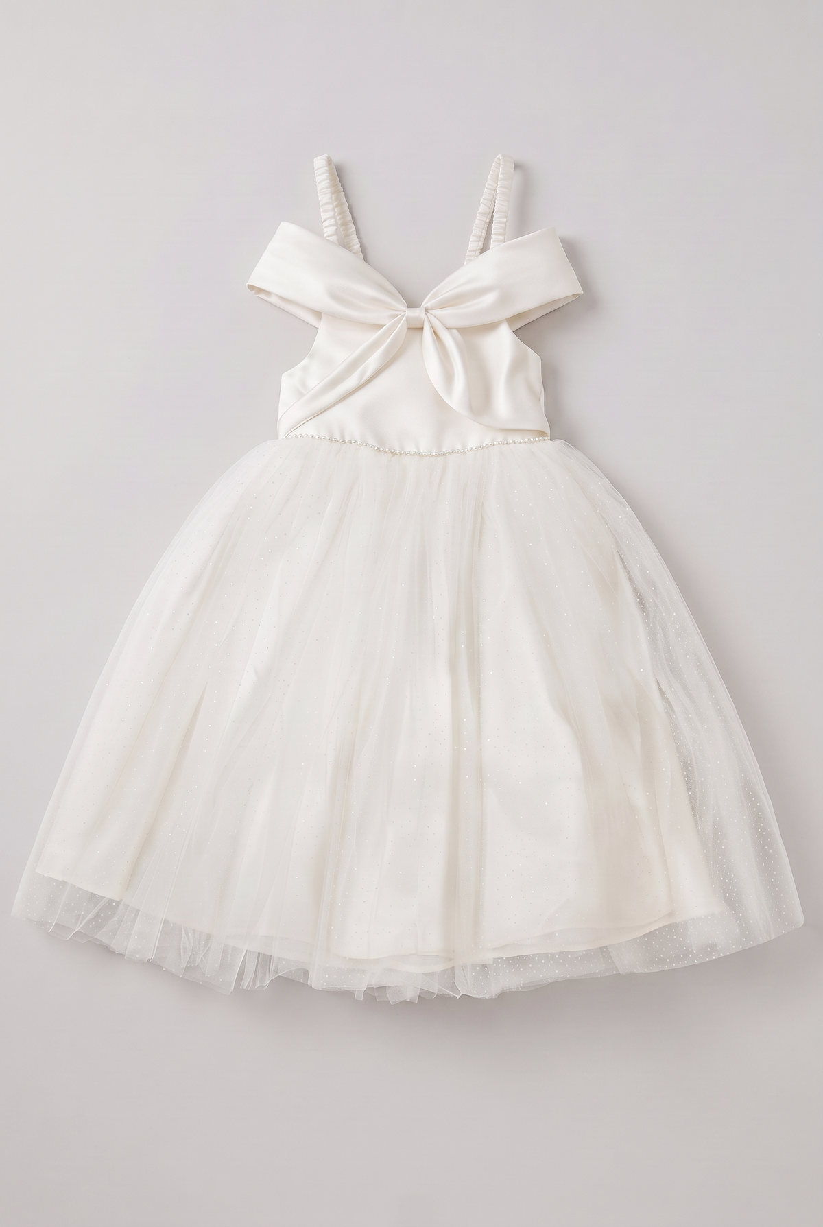 Girls Ivory Tulle Dress with Ruched Straps - Sevva Avery  Front Picture