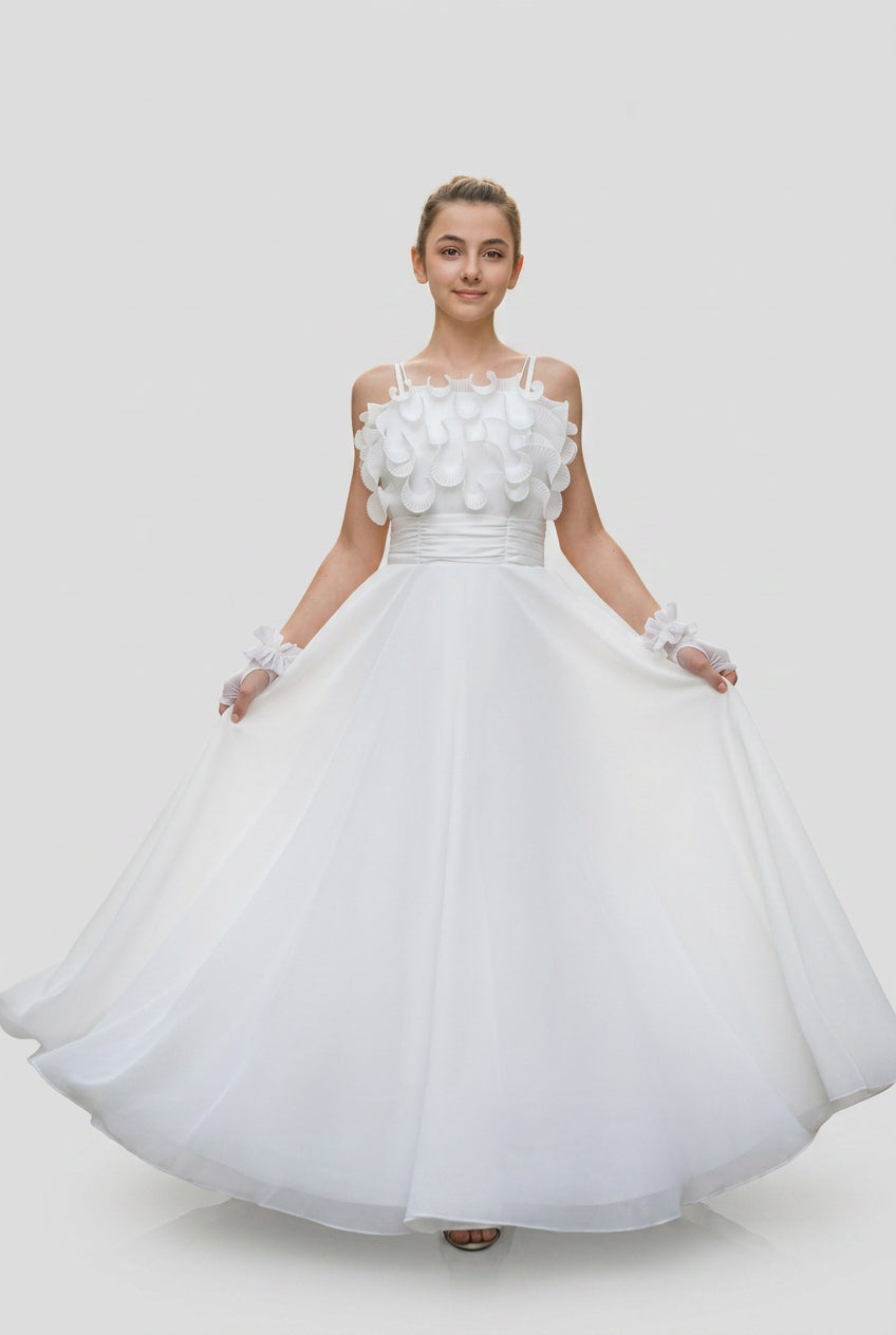 Girls Long Organza Dress with 3D Petal Bodice - White