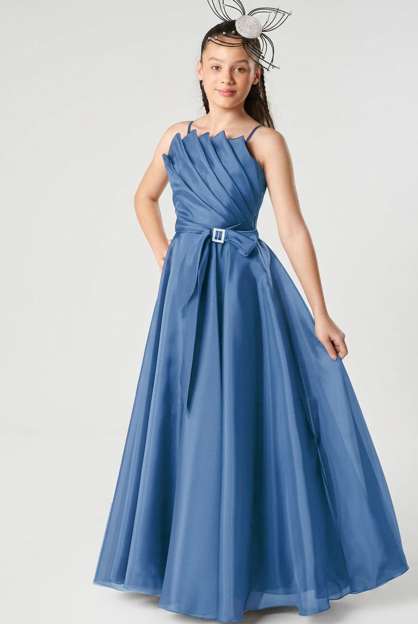 Girls Long Organza Dress with Crystal Sash - Indigo Blue mODEL pICTURE