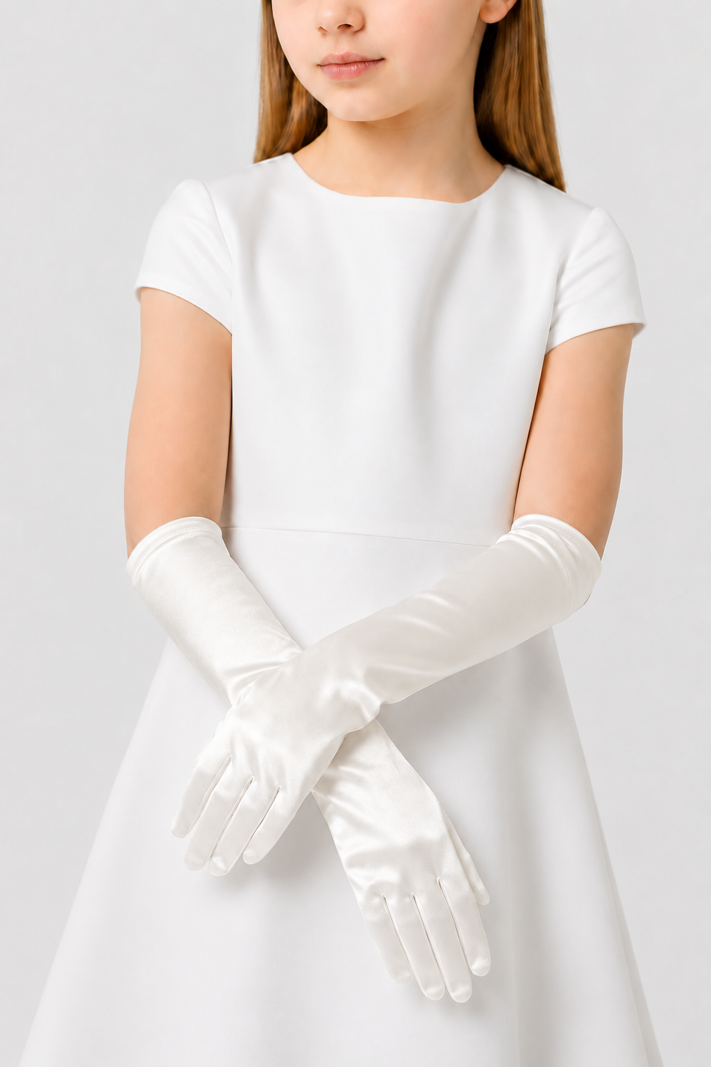 Girls Long Plain Satin Opera Gloves- Ivory