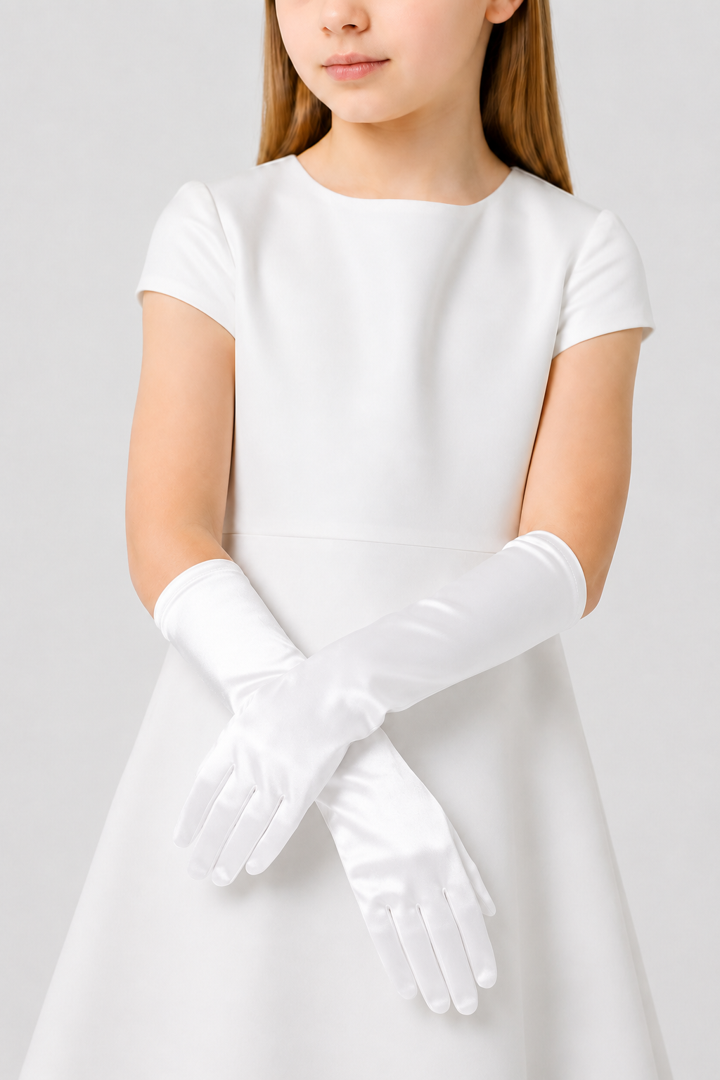 Girls Long Plain Satin Opera Gloves- White