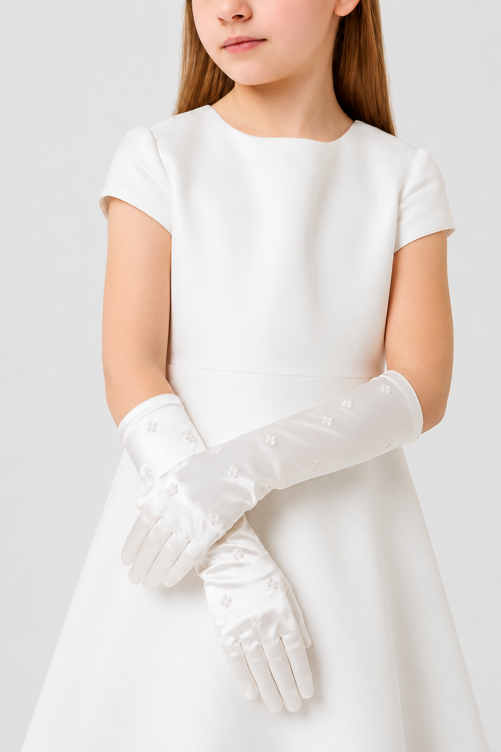 Girls Long Satin Pearl Embellished Formal Gloves - Ivory