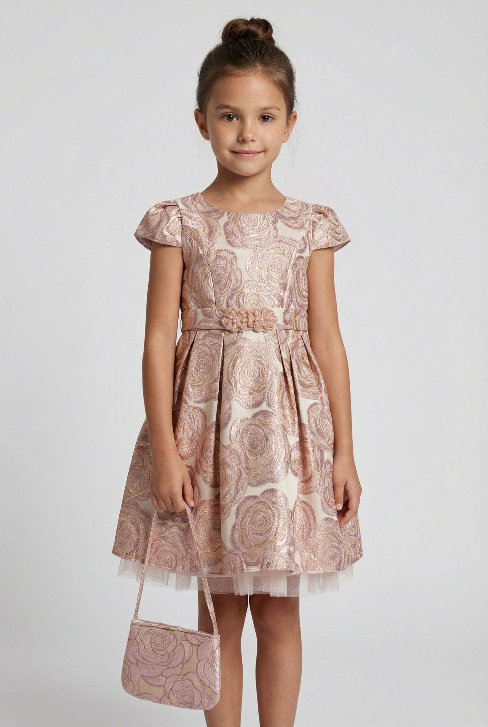 Girls Metallic Floral Brocade Dress Set - Lilac Model Front Picture