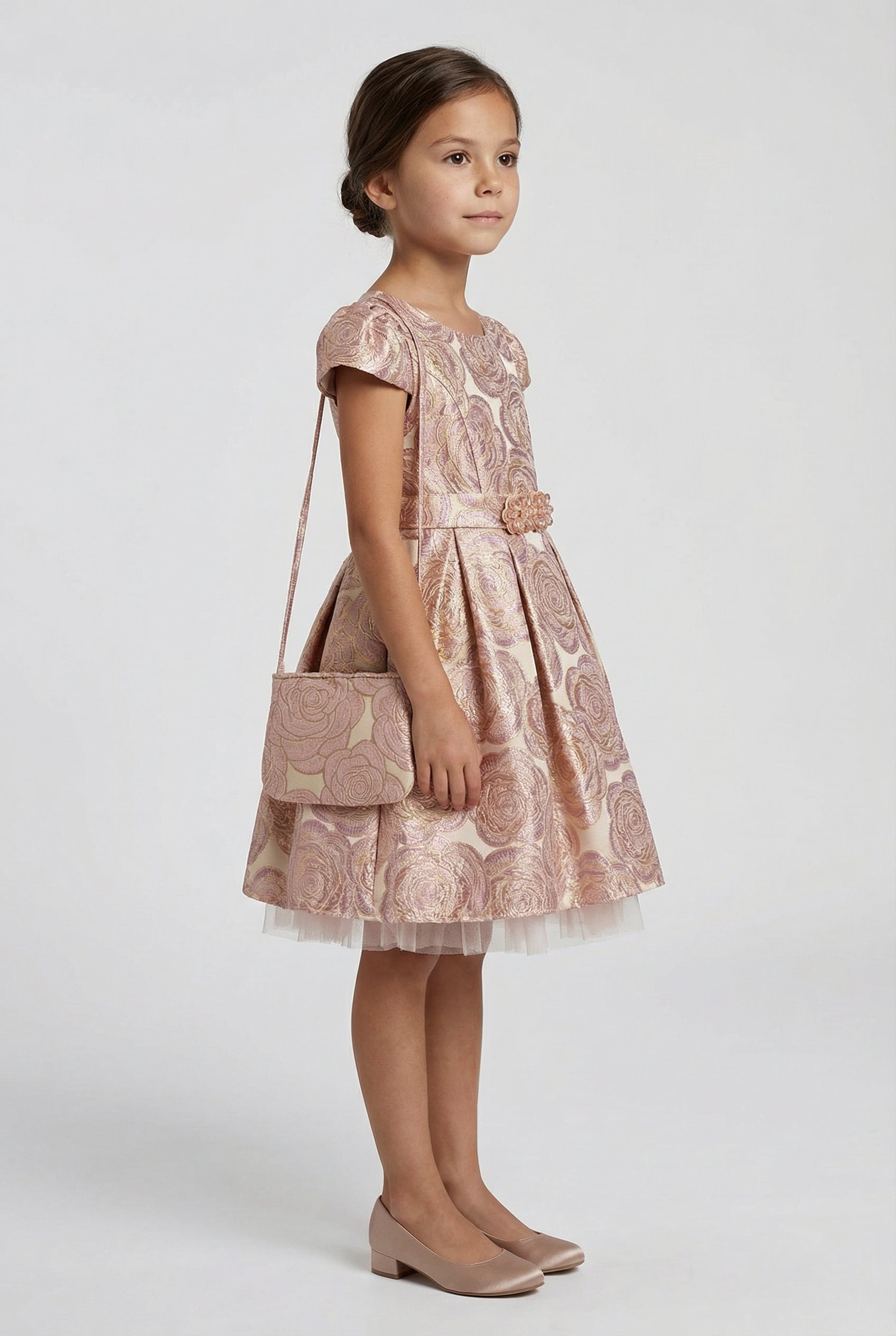 Girls Metallic Floral Brocade Dress Set - Lilac Side Picture