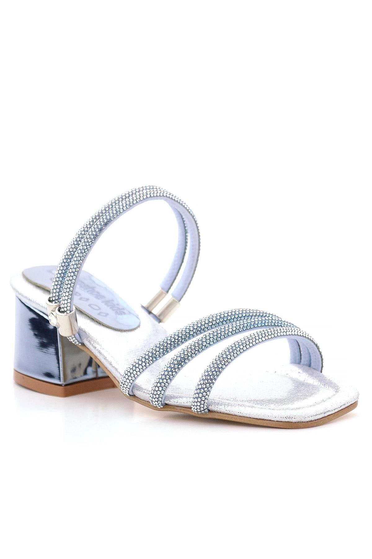 Girls Metallic Strappy Block Heel Sandals - Judy -  Blue Silver