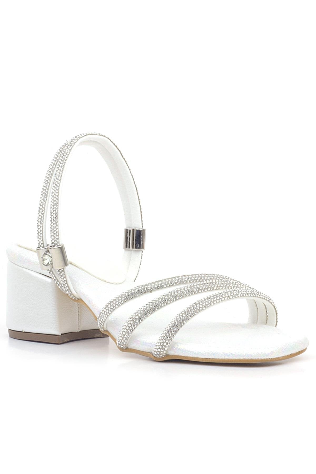 Girls Metallic Strappy Block Heel Sandals - Judy - Pearl White