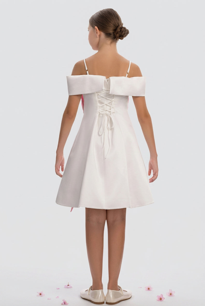 Girls Off-Shoulder Floral Appliqué Party Dress - Ivory Back Picture
