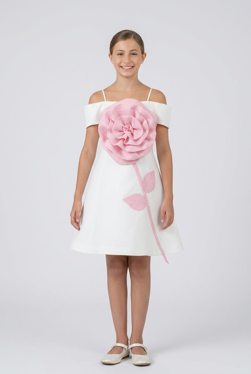 Girls Off-Shoulder Floral Appliqué Party Dress - Ivory Front Picture