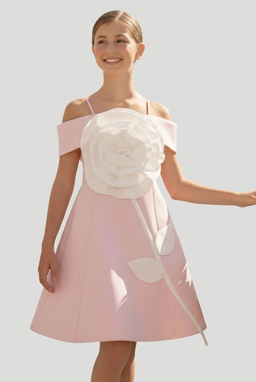 Girls Off-Shoulder Floral Appliqué Party Dress - Pink