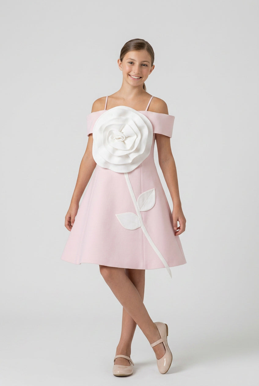 Girls Off-Shoulder Floral Appliqué Party Dress - Pink Model Picture