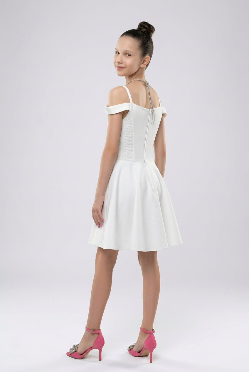 Girls Off-Shoulder Party Dress with Fitted Bodice - White Back Picture