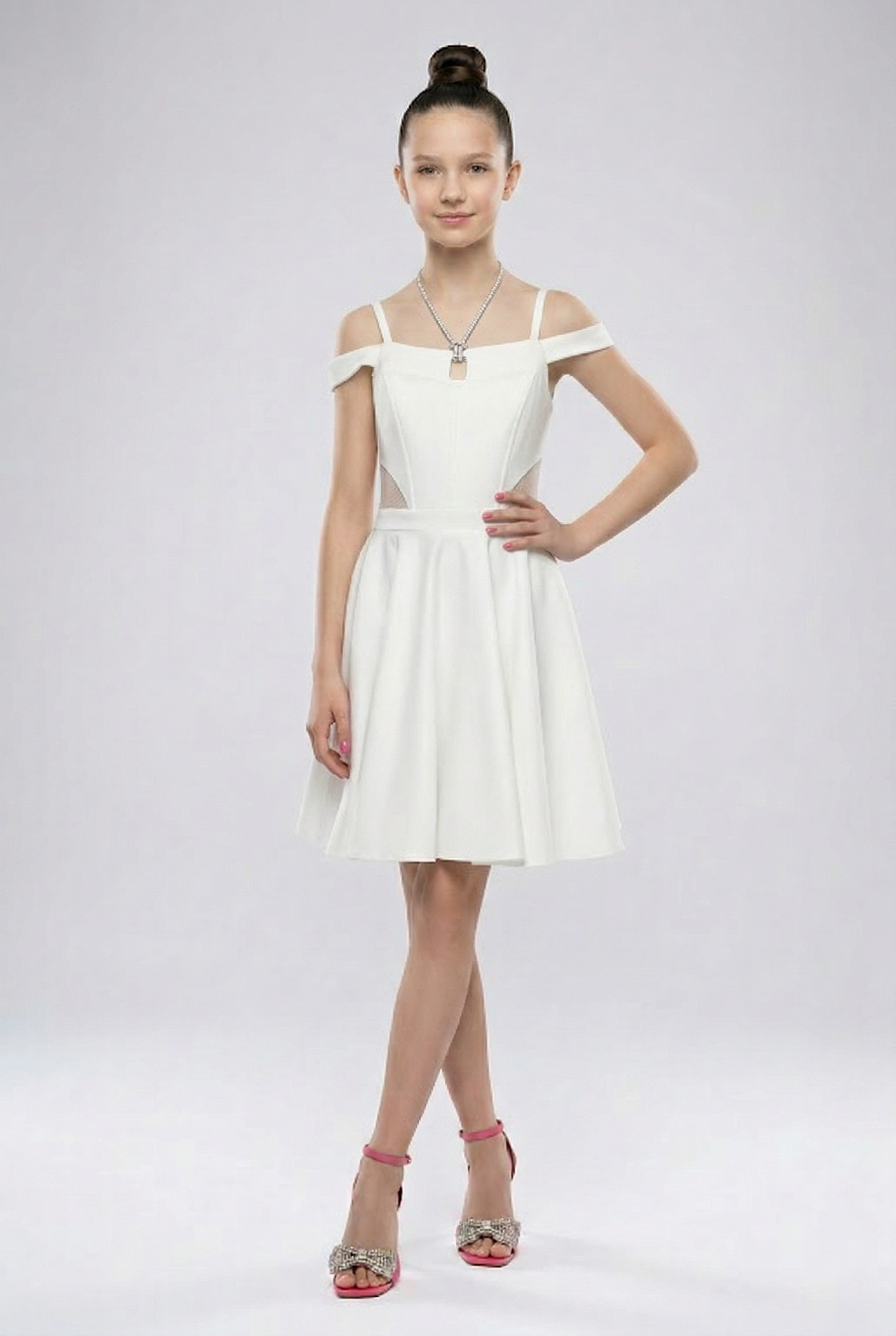 Girls Off-Shoulder Party Dress with Fitted Bodice - White