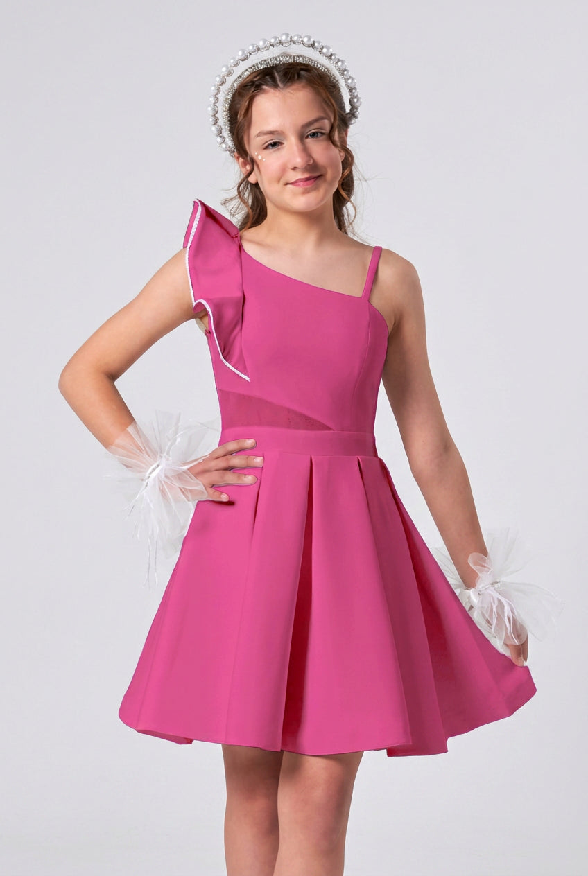 Girls One-Shoulder Ruffle Dress - Pink