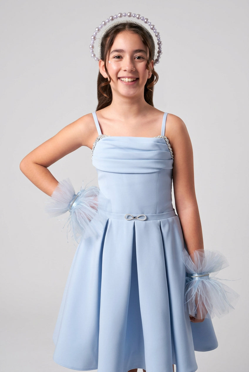 Girls Open Back Dress with Crystal Lace-Up Detail - Blue