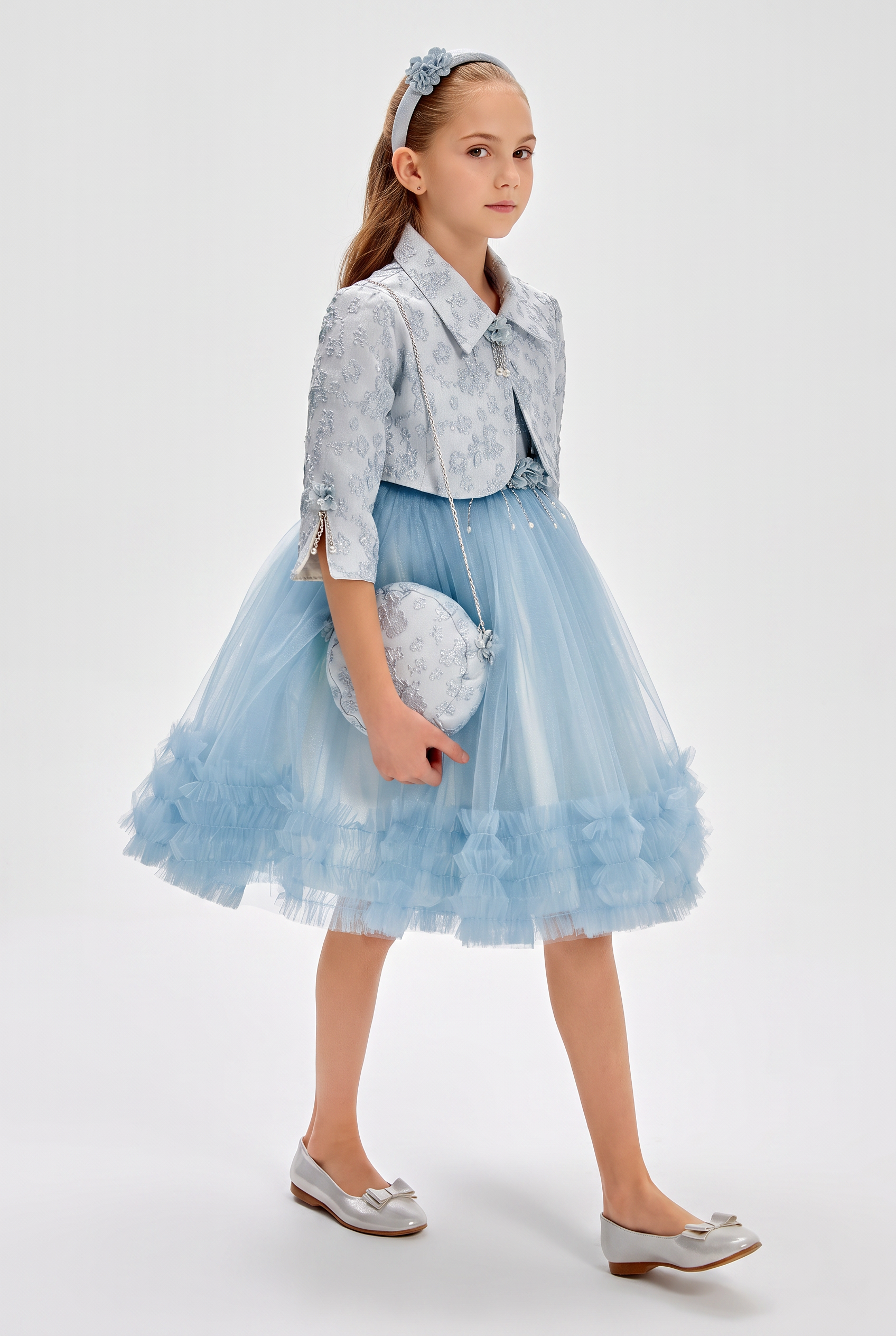 Girls Pale Blue Tulle Party Dress with Brocade Jacket, Handbag & Headband – 4 Piece Occasion Set