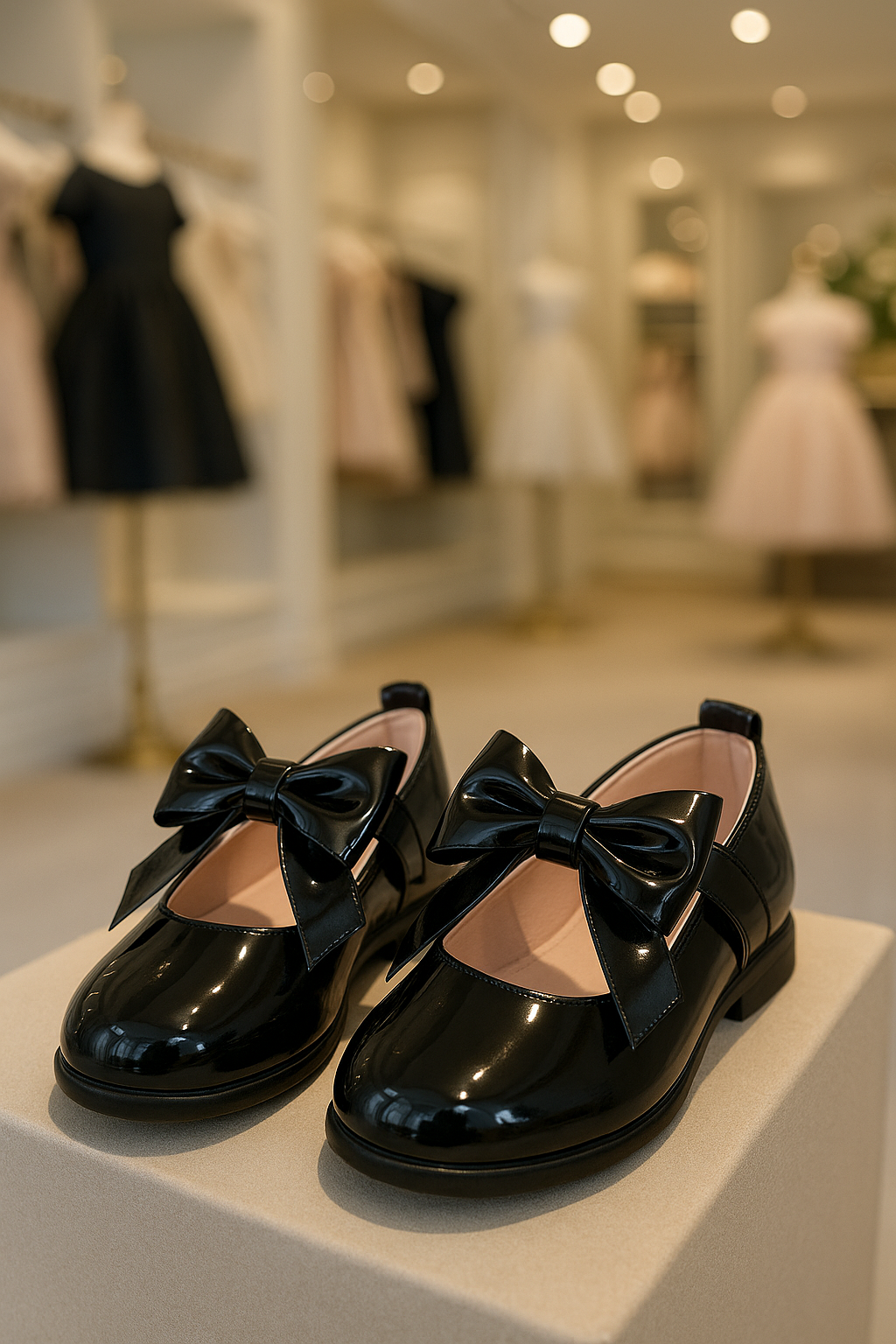 Girls Patent Bow Velcro Flat Mary Jane Shoes - AMIRA - Black