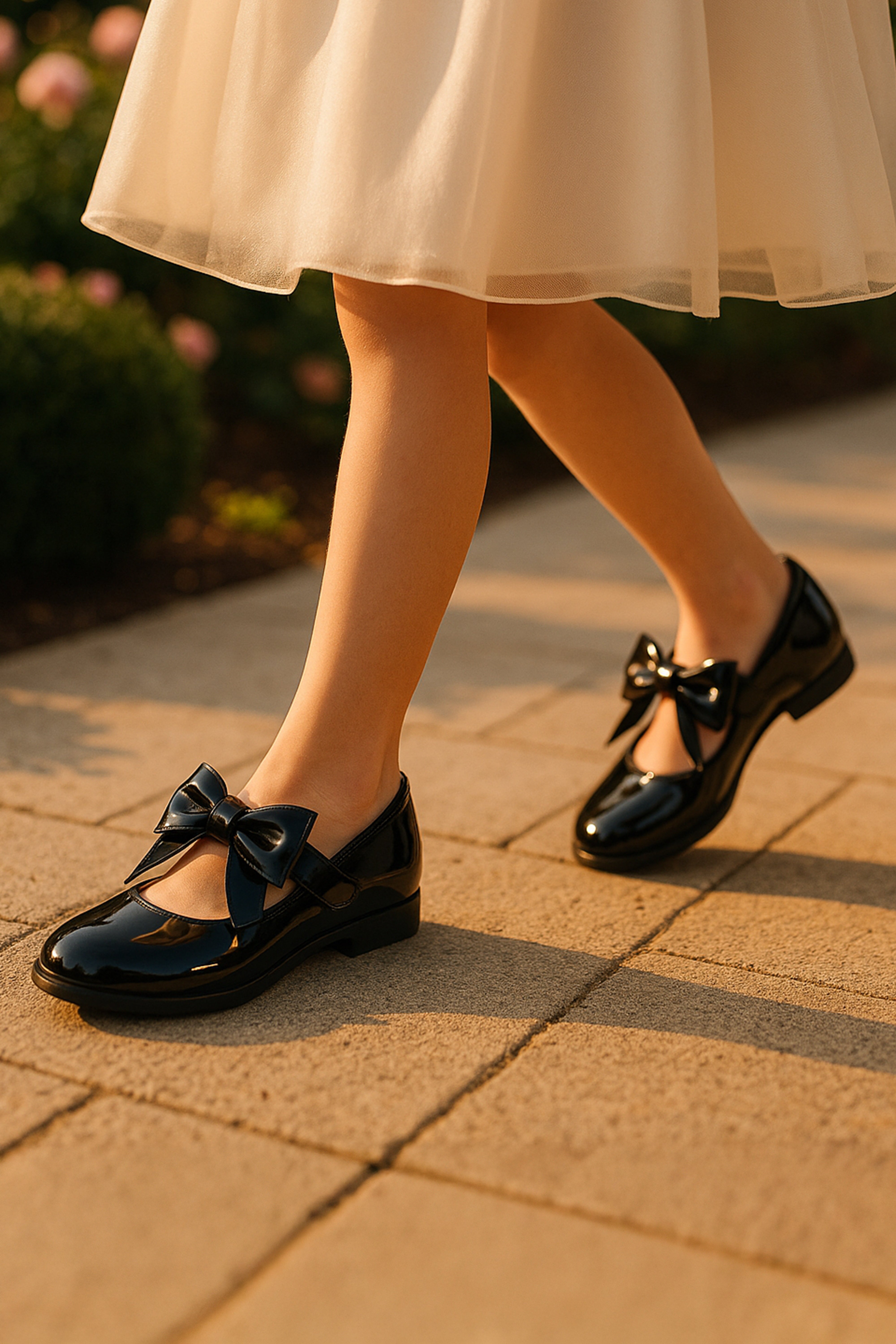 Girls Patent Bow Velcro Flat Mary Jane Shoes - AMIRA - Black Model Picture