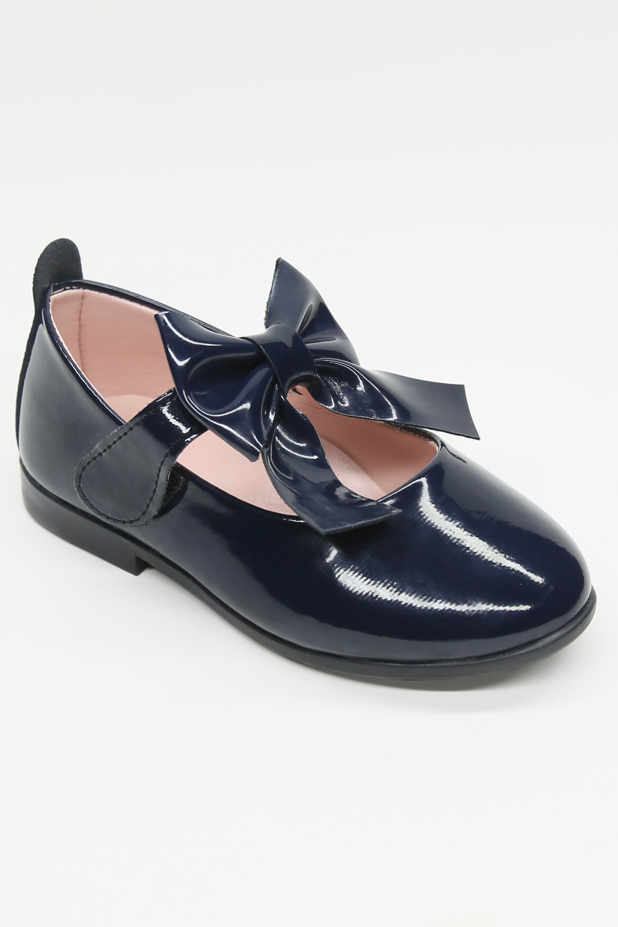 Girls Patent Bow Velcro Flat Mary Jane Shoes - AMIRA - Navy Side Picture