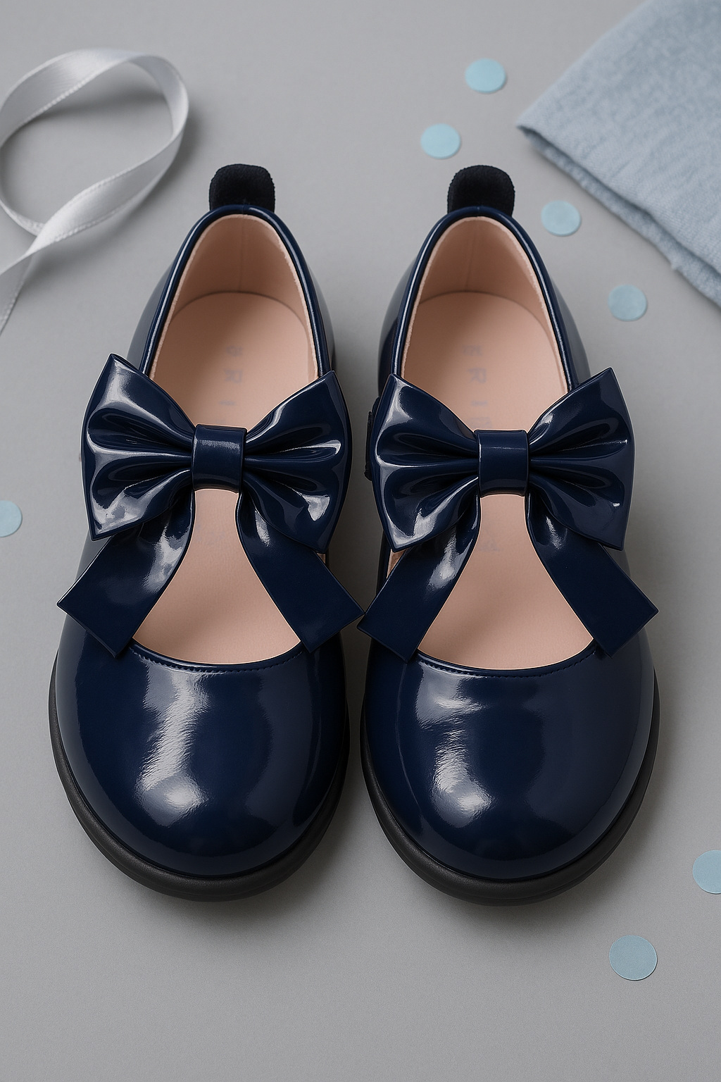Girls Patent Bow Velcro Flat Mary Jane Shoes - AMIRA - Navy Front Picture