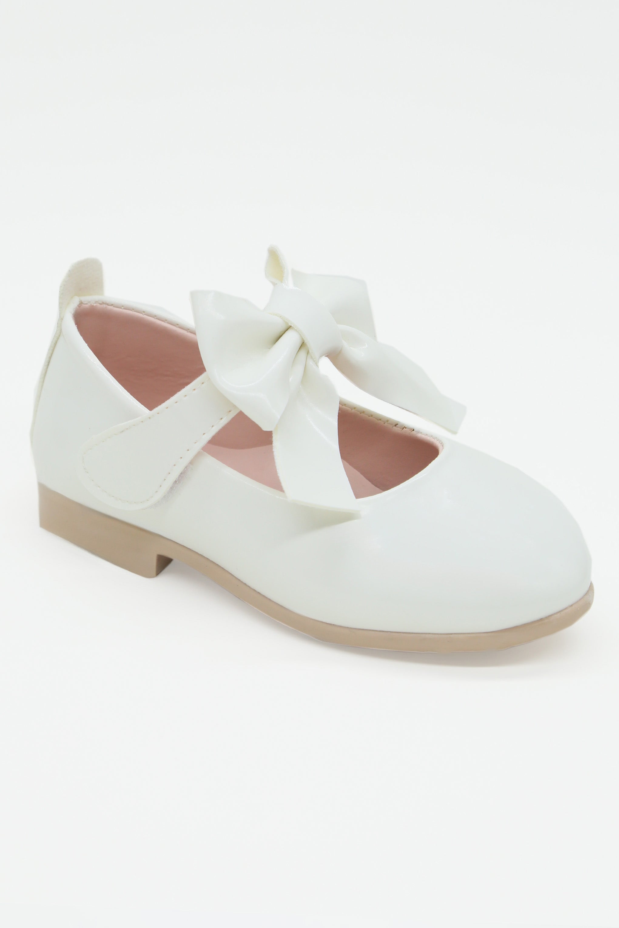 Girls Patent Bow Velcro Flat Mary Jane Shoes - AMIRA - White Side Picture