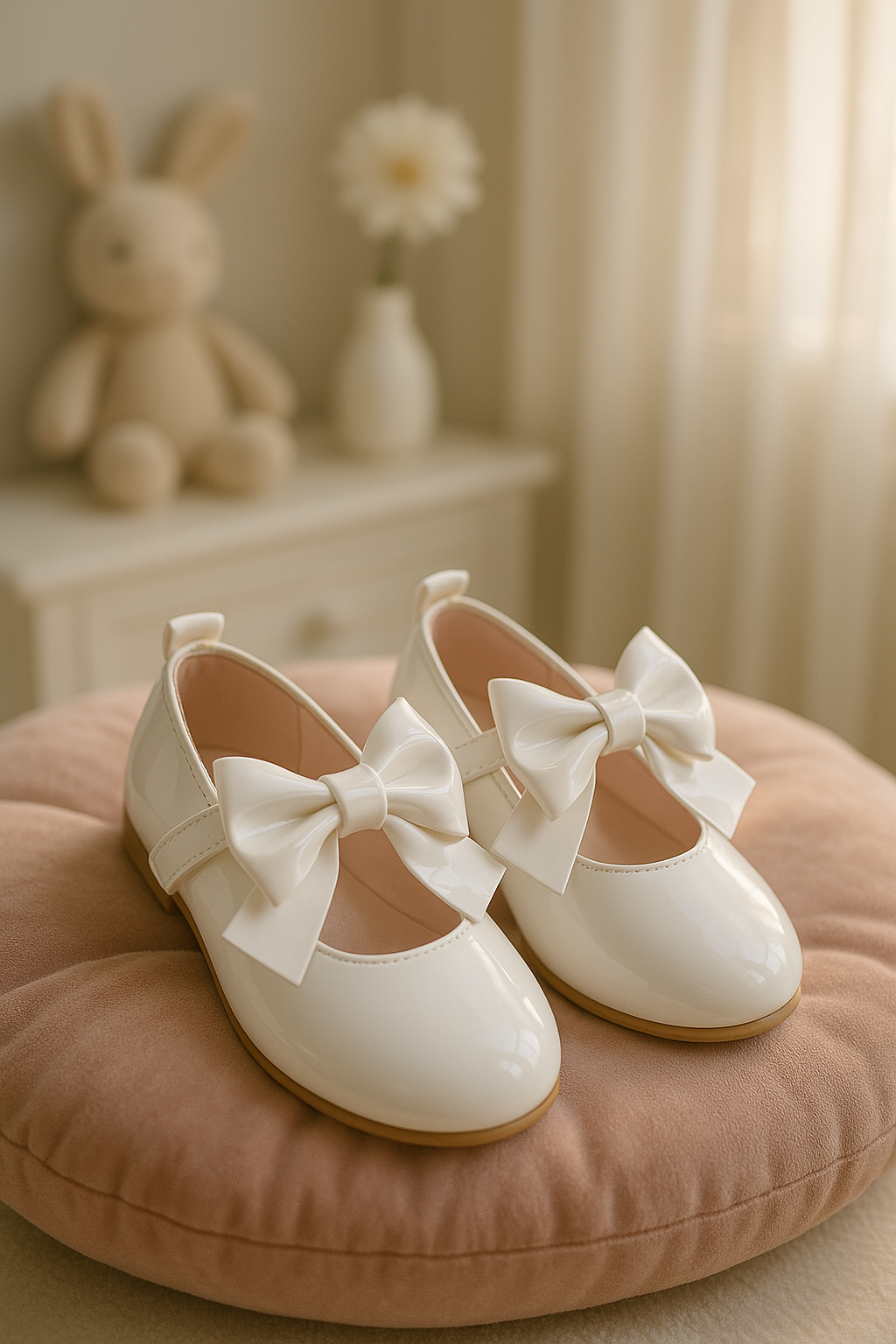 Girls Patent Bow Velcro Flat Mary Jane Shoes - AMIRA - White