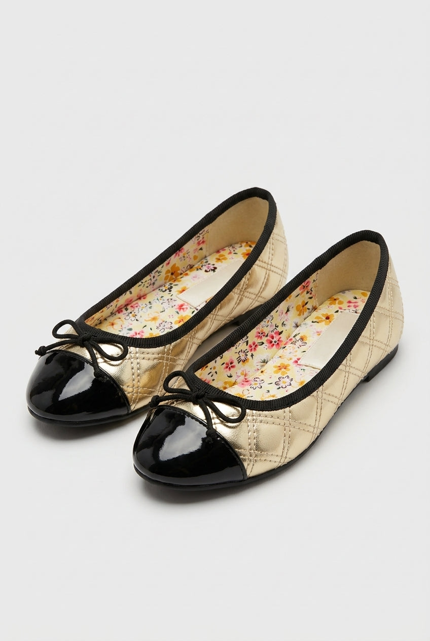 Girls Patent Cap Toe Quilted Ballet Flats - Black - Gold Pair side Picture