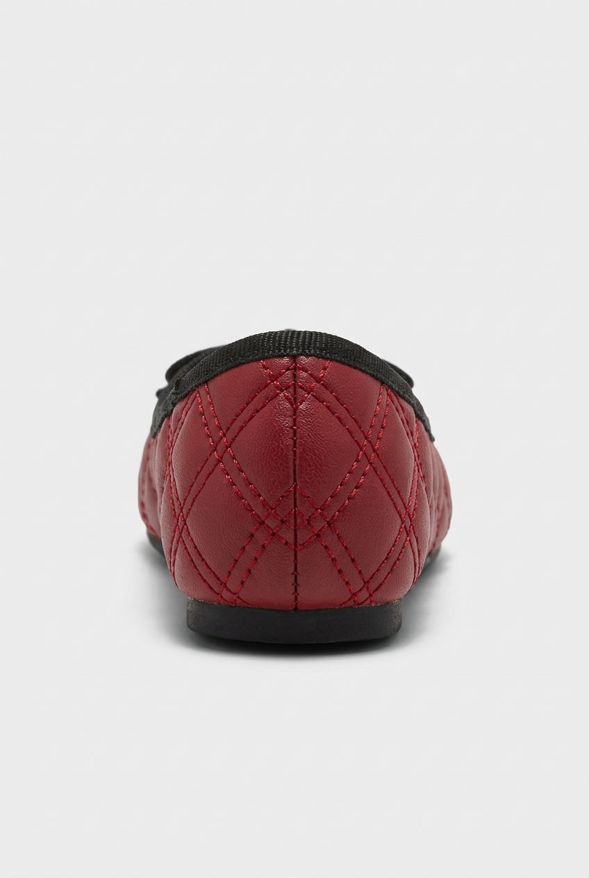 Girls Patent Cap Toe Quilted Ballet Flats - Black - Red Back Picture