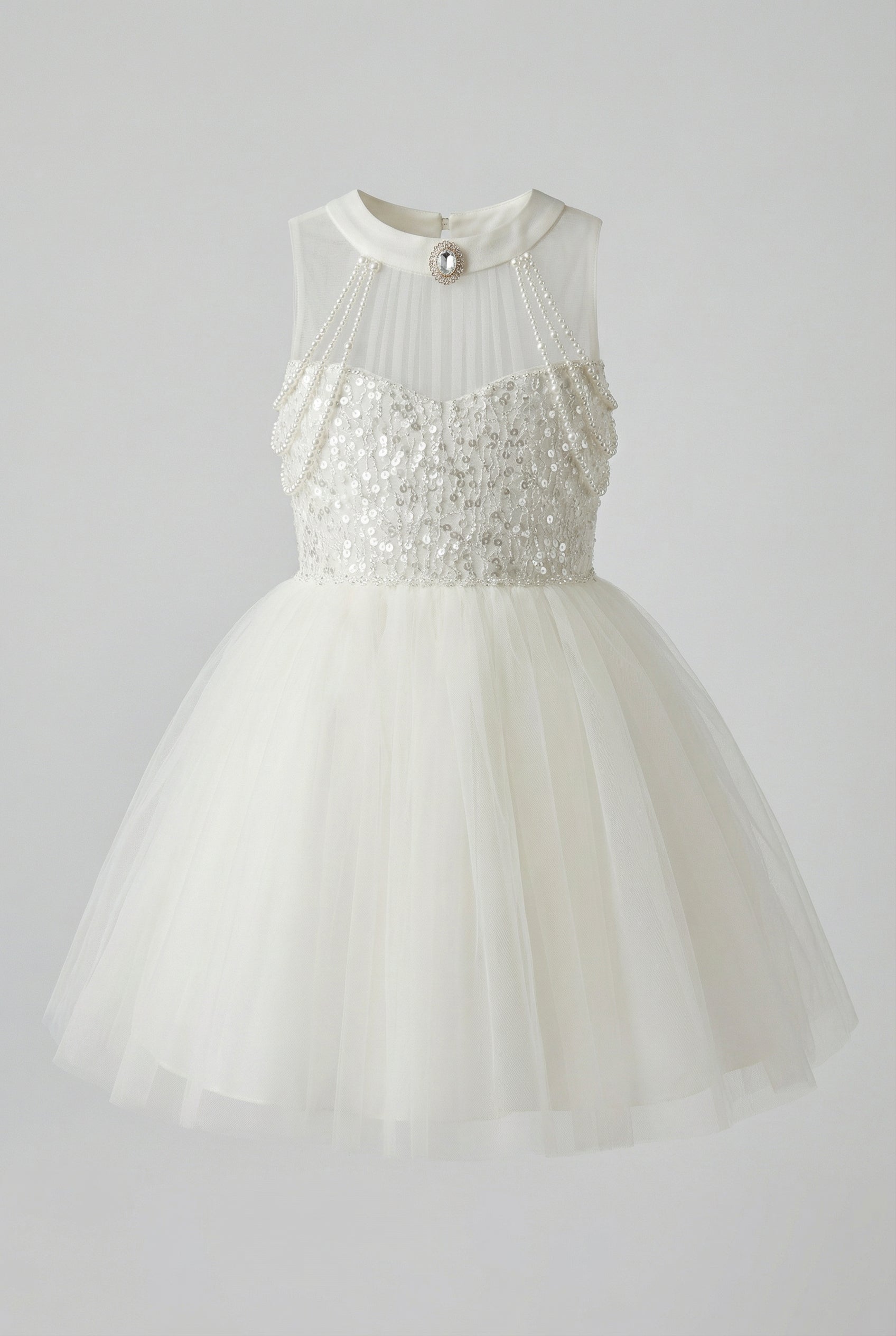 Girls Pearl-Chain Sequin Bodice Tulle Dress - Leni - Ivory
