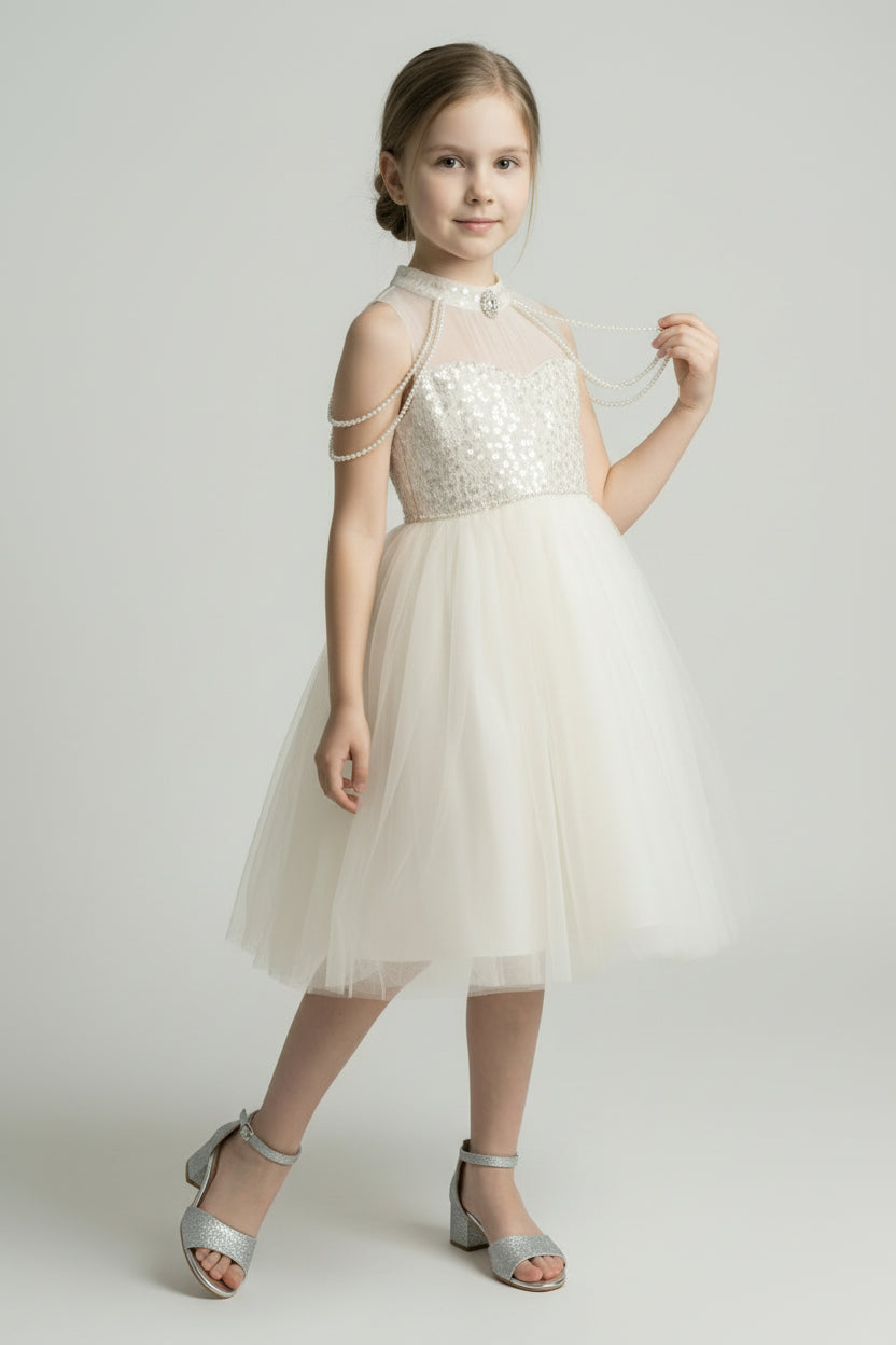 Girls Pearl-Chain Sequin Bodice Tulle Dress - Leni - Ivory Side Picture