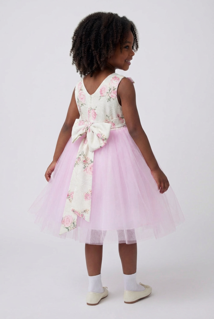 Girls Pink Floral Dress with Tulle Skirt & Back Bow