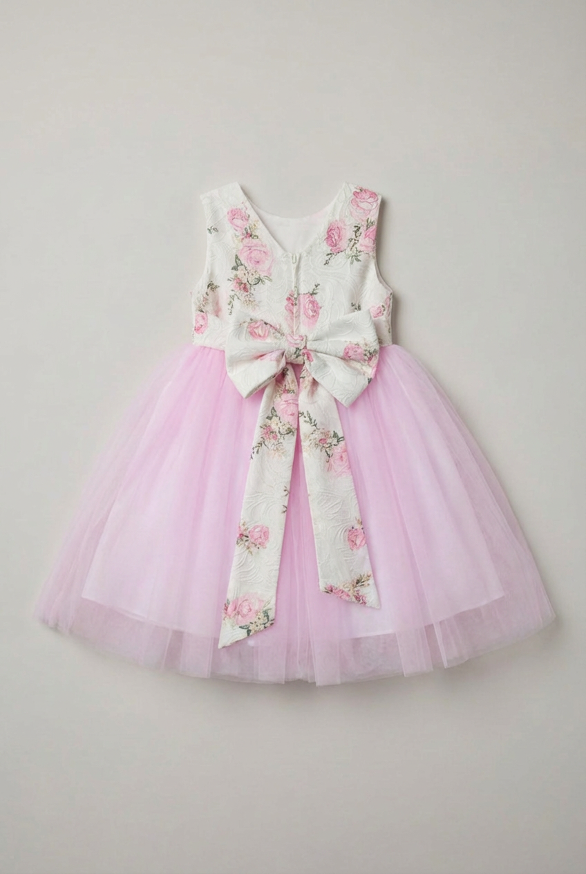 Girls Pink Floral Dress with Tulle Skirt & Back Bow