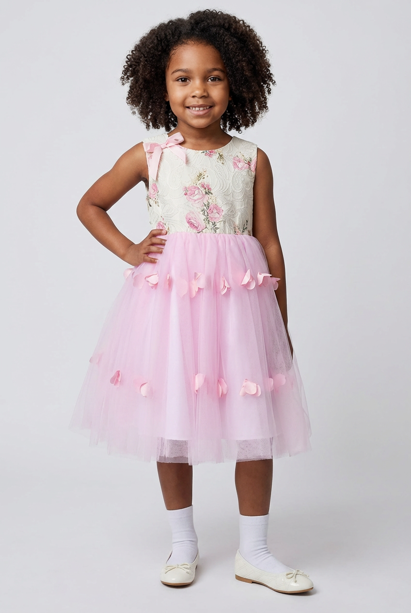 Girls Pink Floral Dress with Tulle Skirt & Back Bow