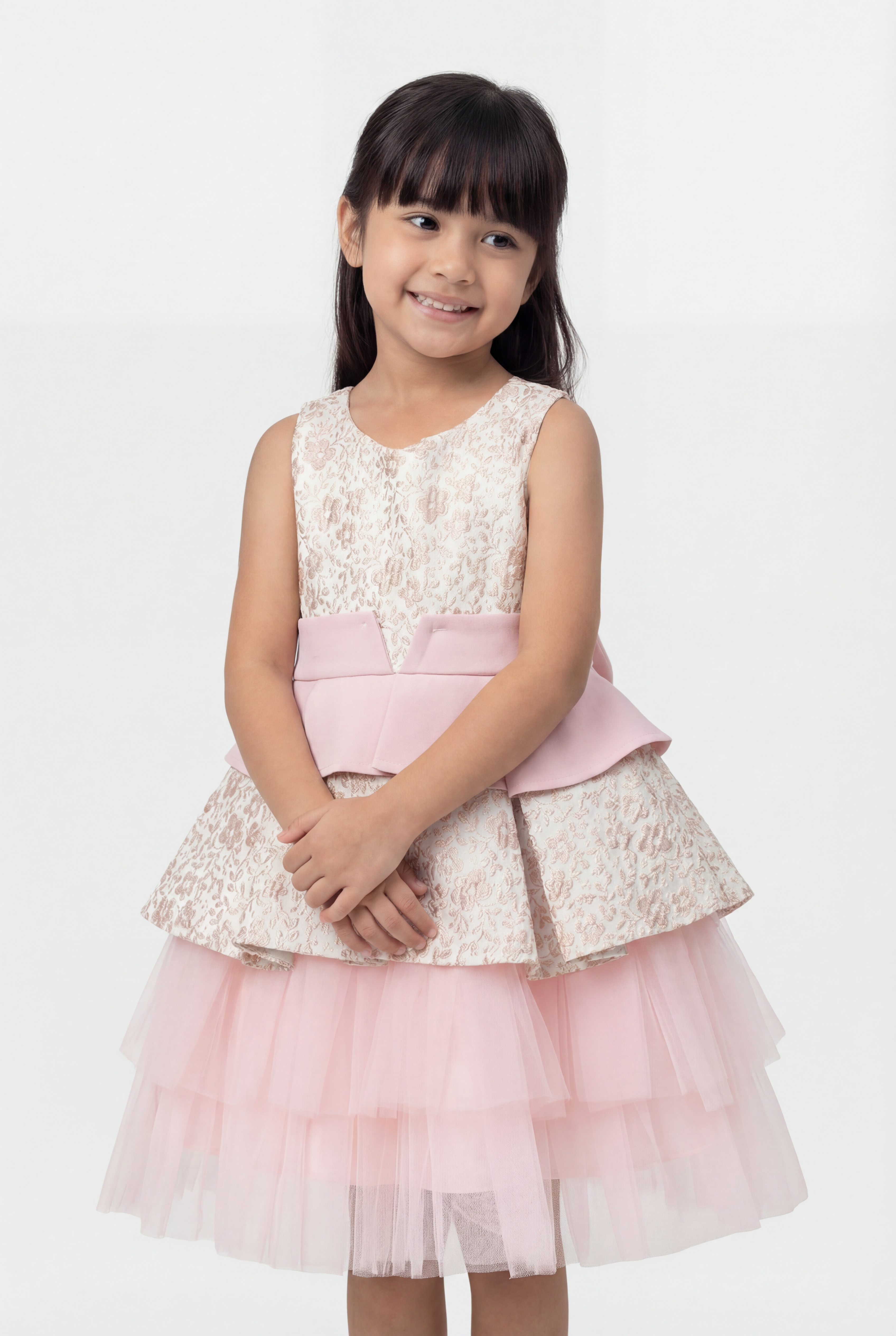 Girls Pink Floral Jacquard Dress with Detachable Bow
