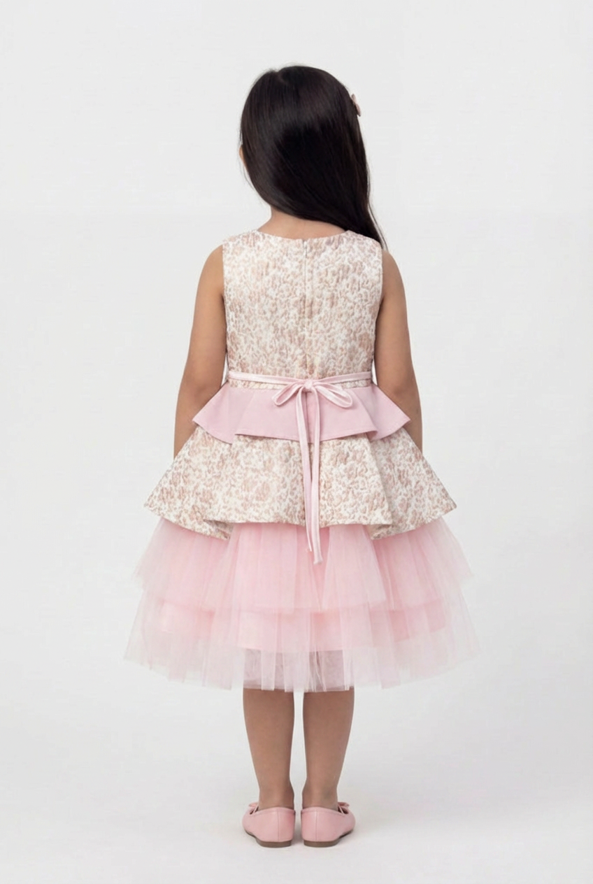 Girls Pink Floral Jacquard Dress with Detachable Bow