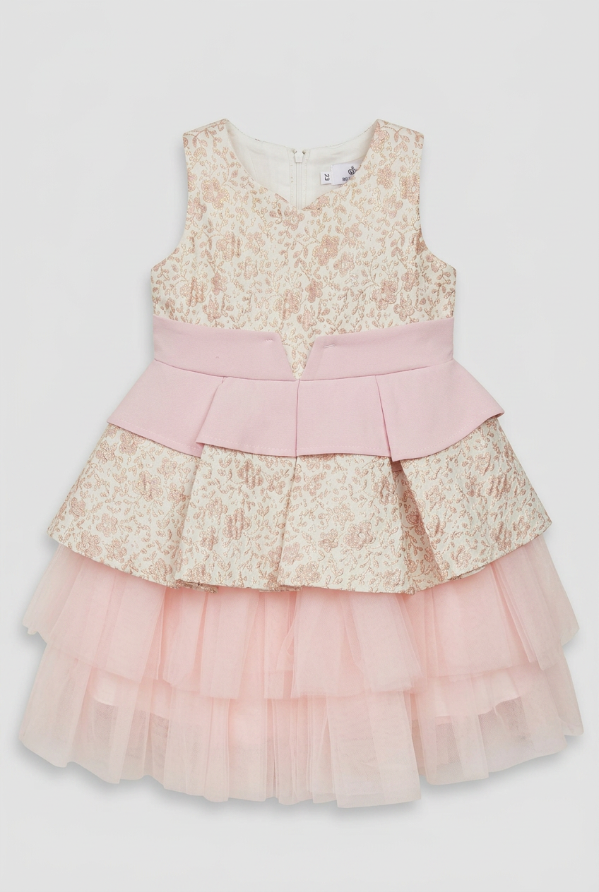 Girls Pink Floral Jacquard Dress with Detachable Bow
