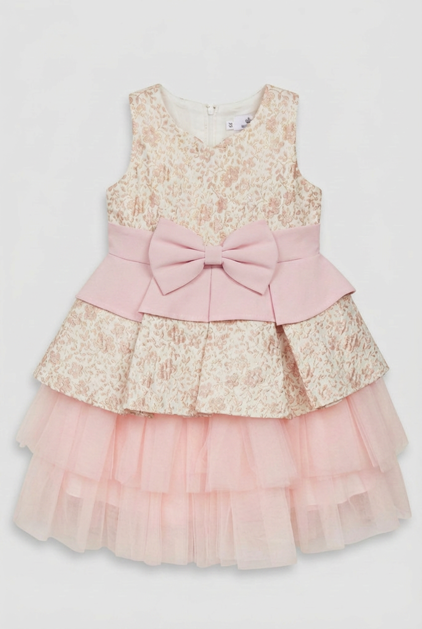 Girls Pink Floral Jacquard Dress with Detachable Bow