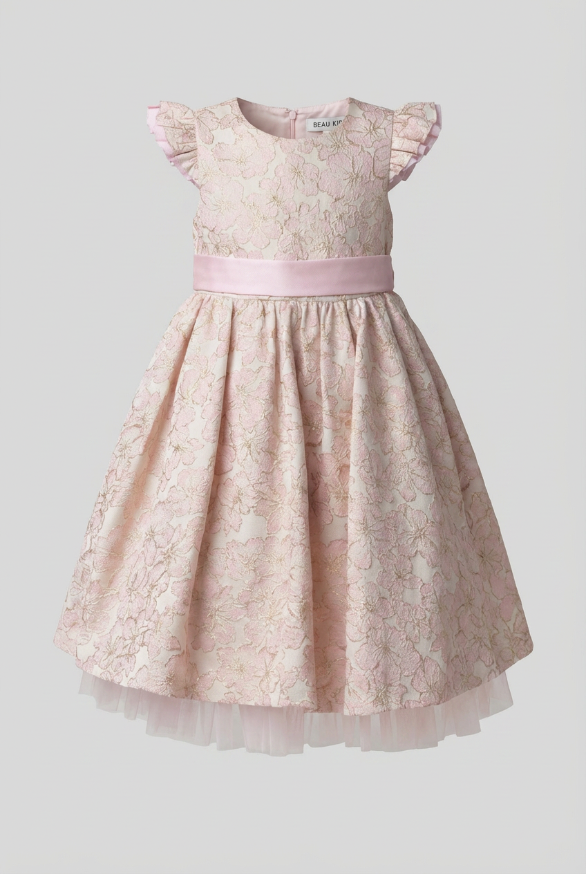 Girls Pink Floral Jacquard Occasion Dress with Matching Bag Front Picture 