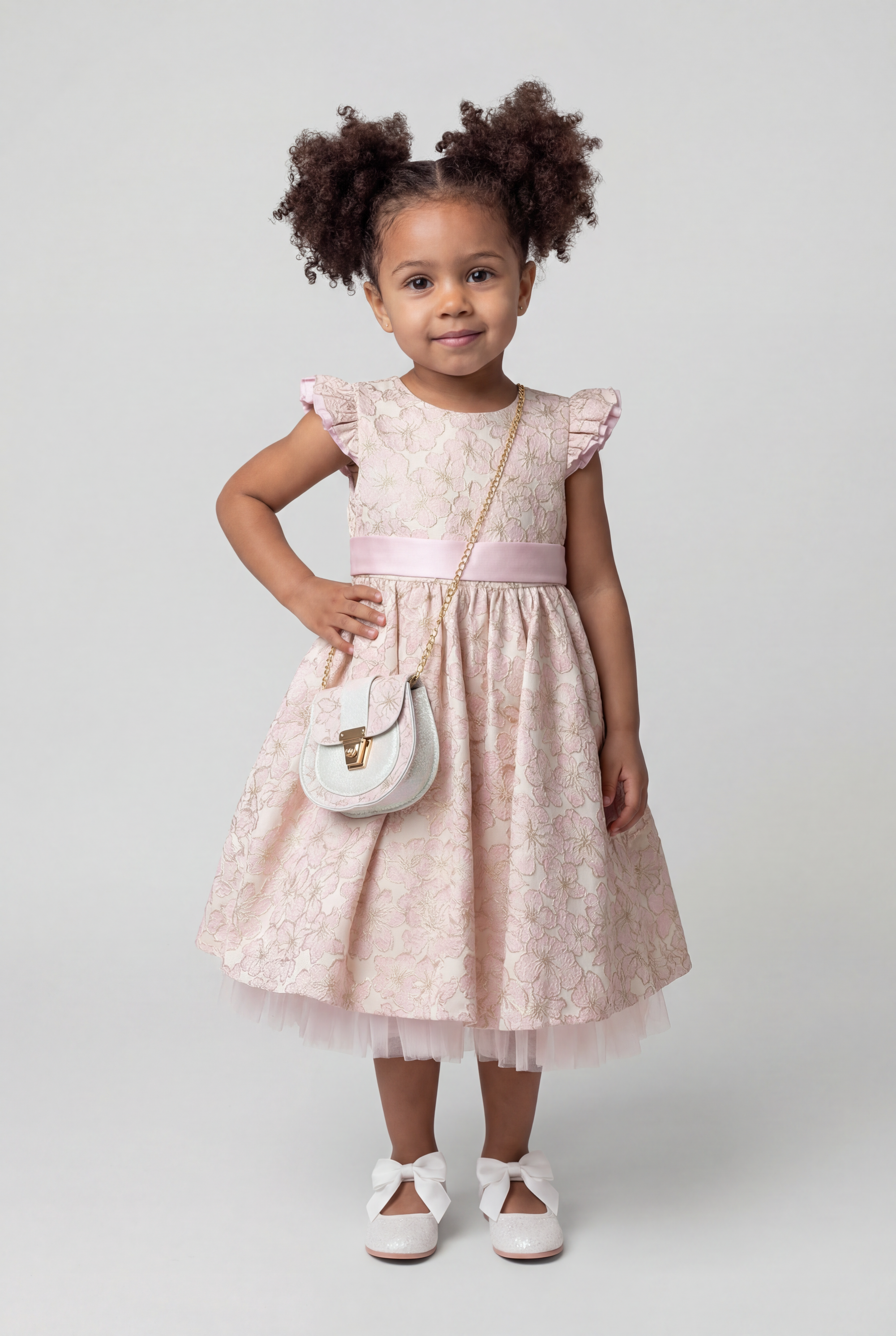 Girls Pink Floral Jacquard Occasion Dress with Matching Bag Model Front Picture