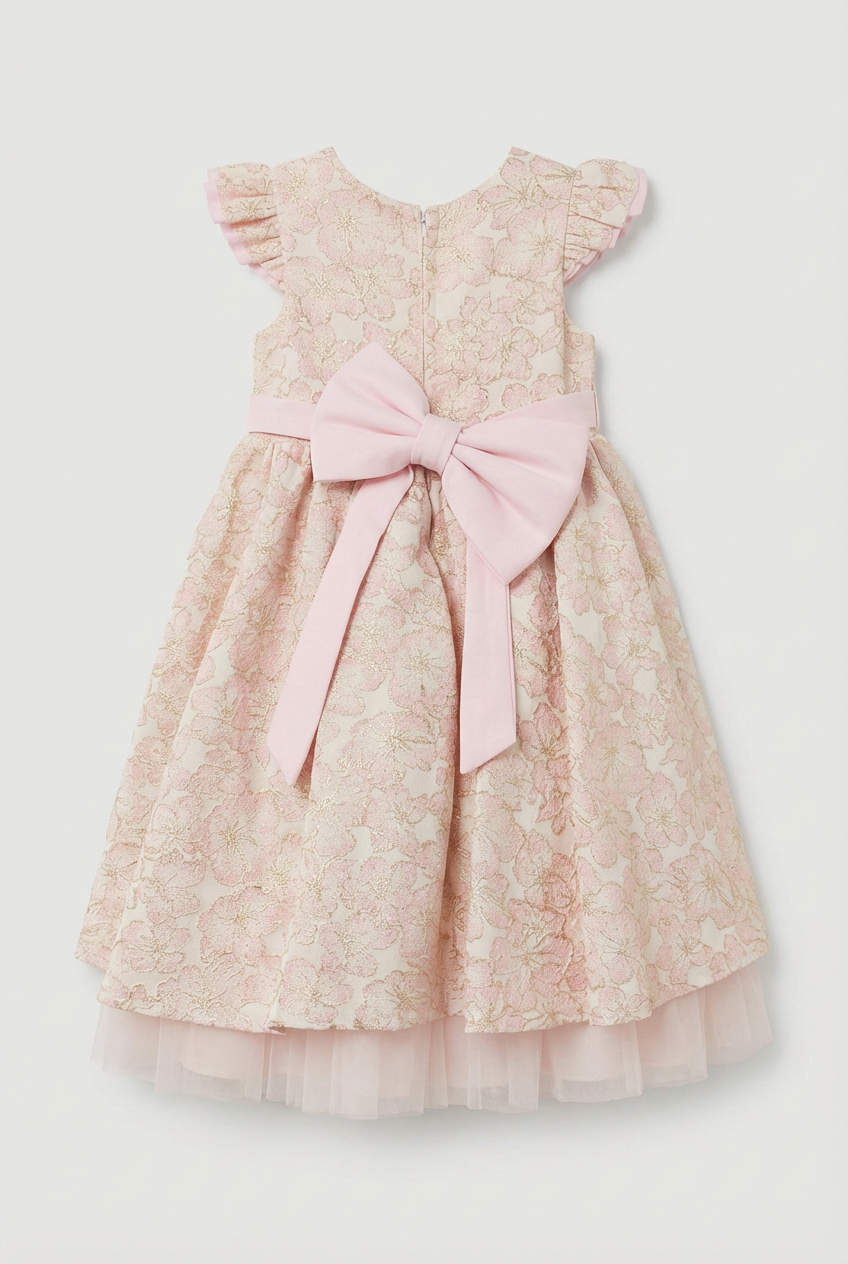 Girls Pink Floral Jacquard Occasion Dress with Matching Bag Back Picture
