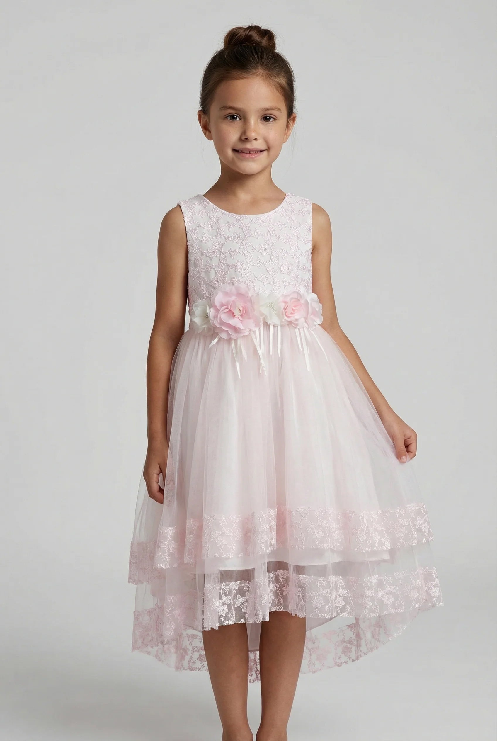 Girls Pink Lace High Low Tulle Dress