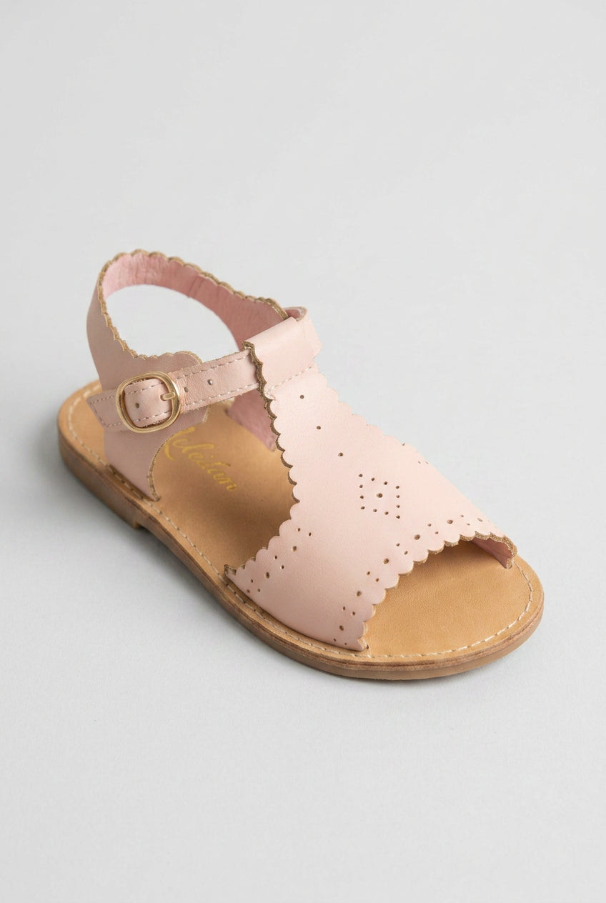 Girls Pink Leather T-Bar Sandals – Scalloped Spanish-Style Summer Sandals