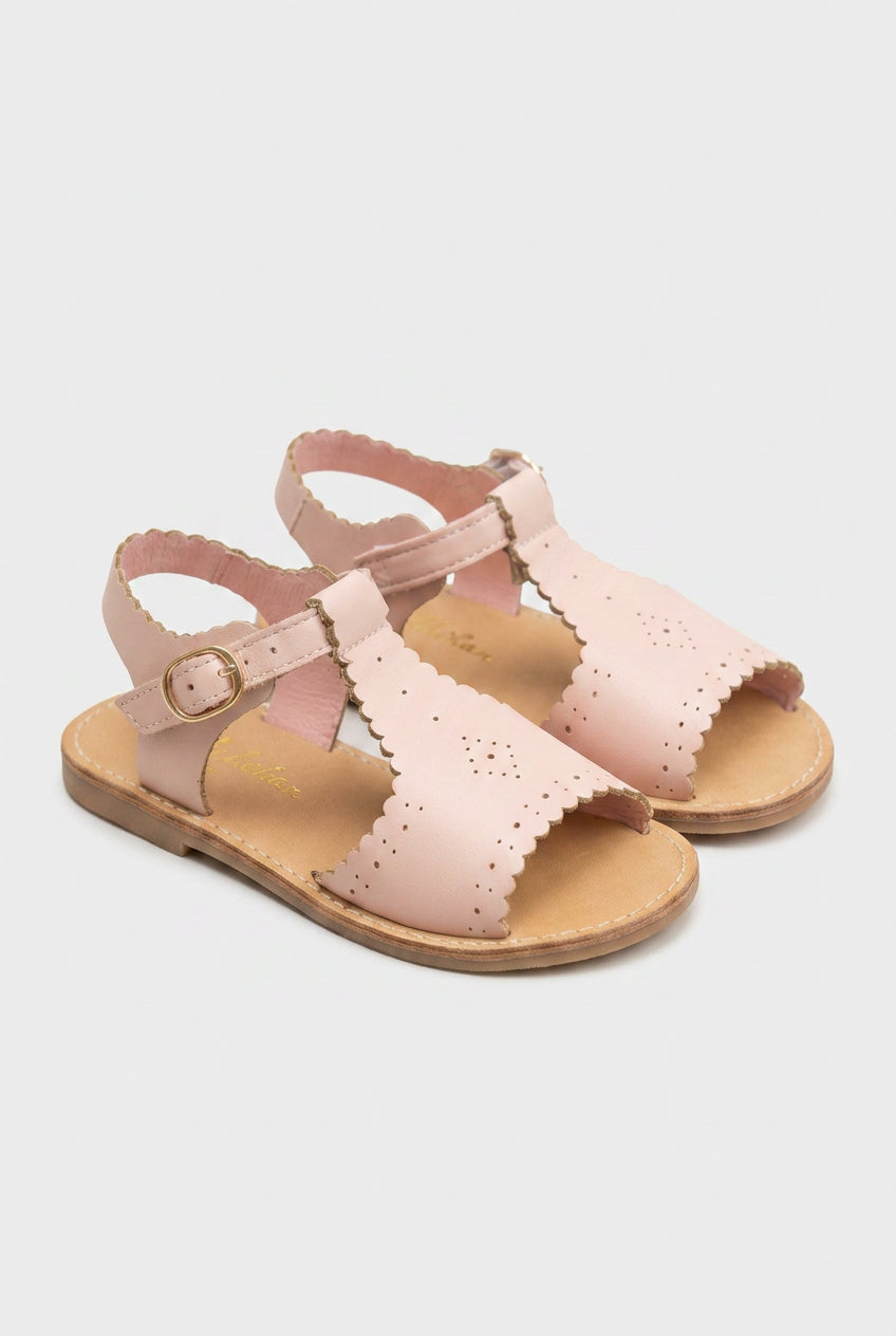 Girls Pink Leather T-Bar Sandals – Scalloped Spanish-Style Summer Sandals
