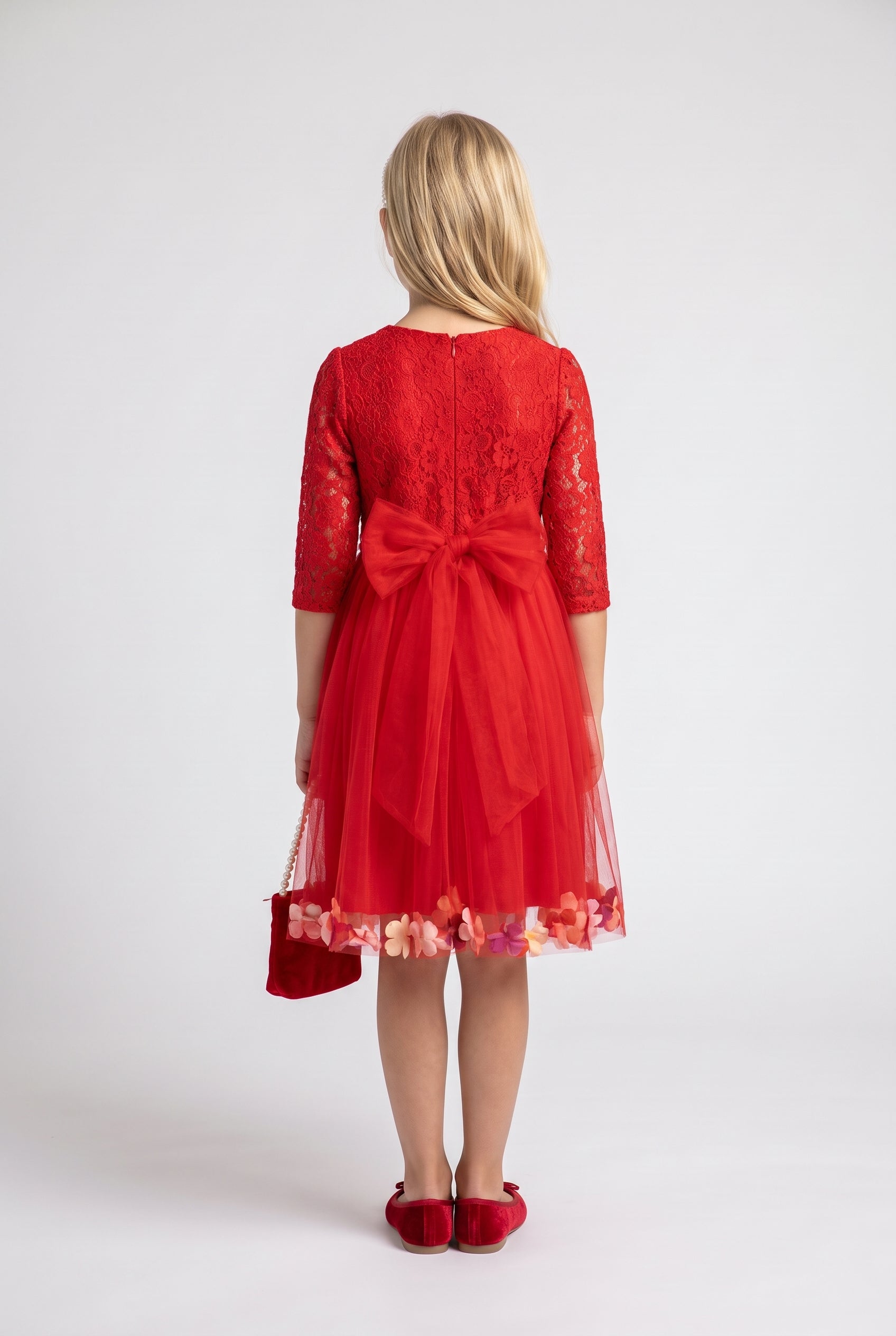 Girls Red Lace Party Dress with Matching Bag & Pearl Headband 3 Piece Occasion Outfit